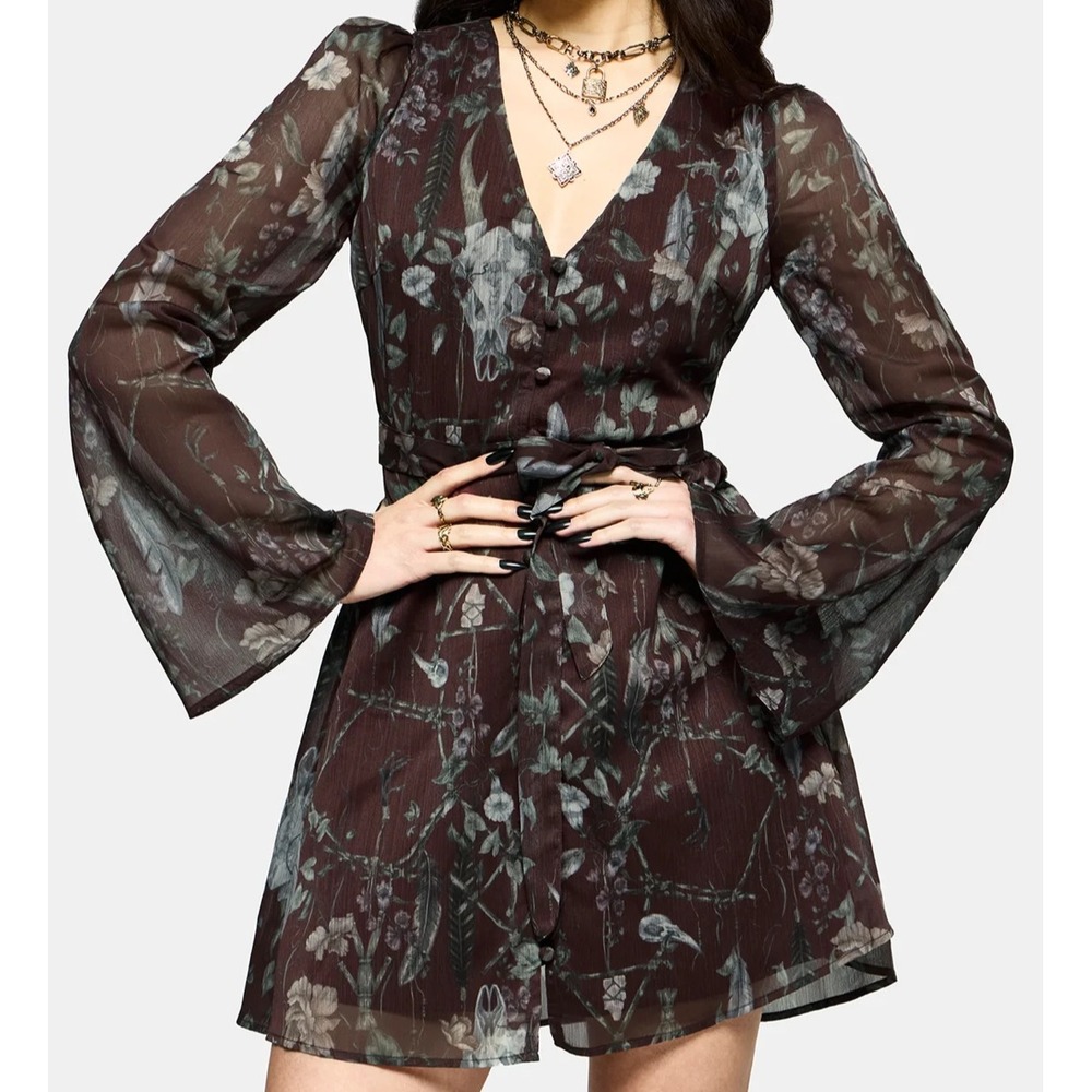 NWT Disturbia Women's Dusha Garden Print Button Up Chiffon Mini Dress Tie 14 - Picture 3 of 9